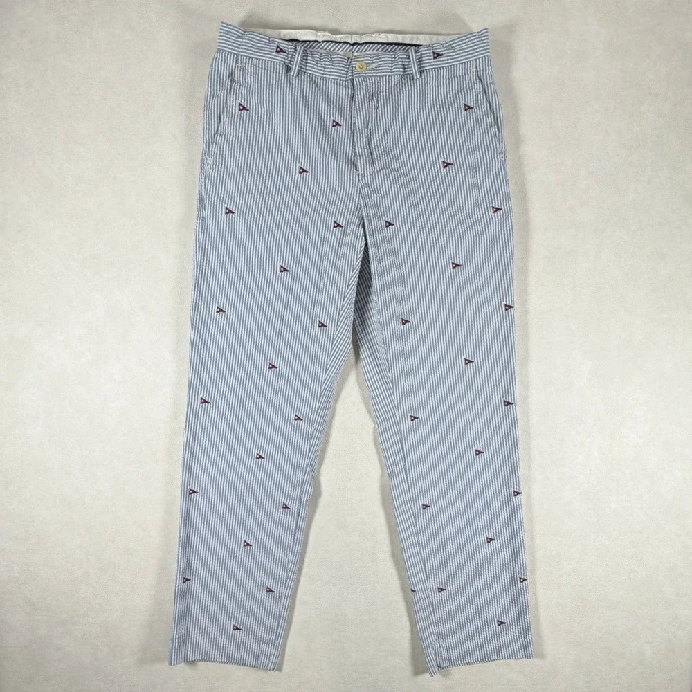 Polo Ralph Lauren Mens 32x30 Seersucker Striped Nautical Pennant Flag Pants Blue